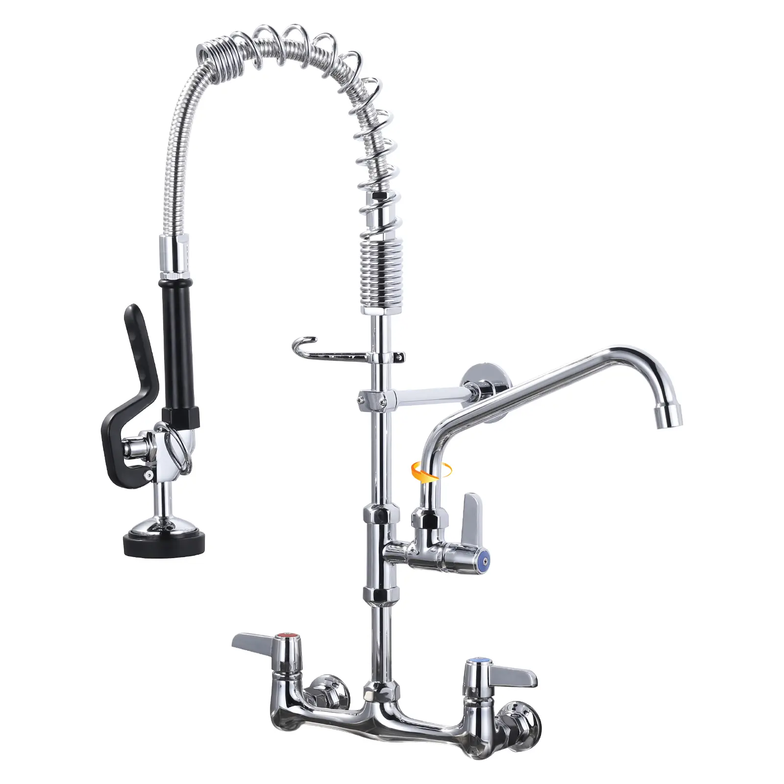 WOWOW Classic Double Handle Faucet - Chrome Finish Wall-Mount Kitchen Tap, Sturdy Brass Body (25" High), Pull-Down High Arc Sprayer, 9.6" Pot Fill Swing Spout, Flexible Hose, Durable Multi-Purpose for Restaurants