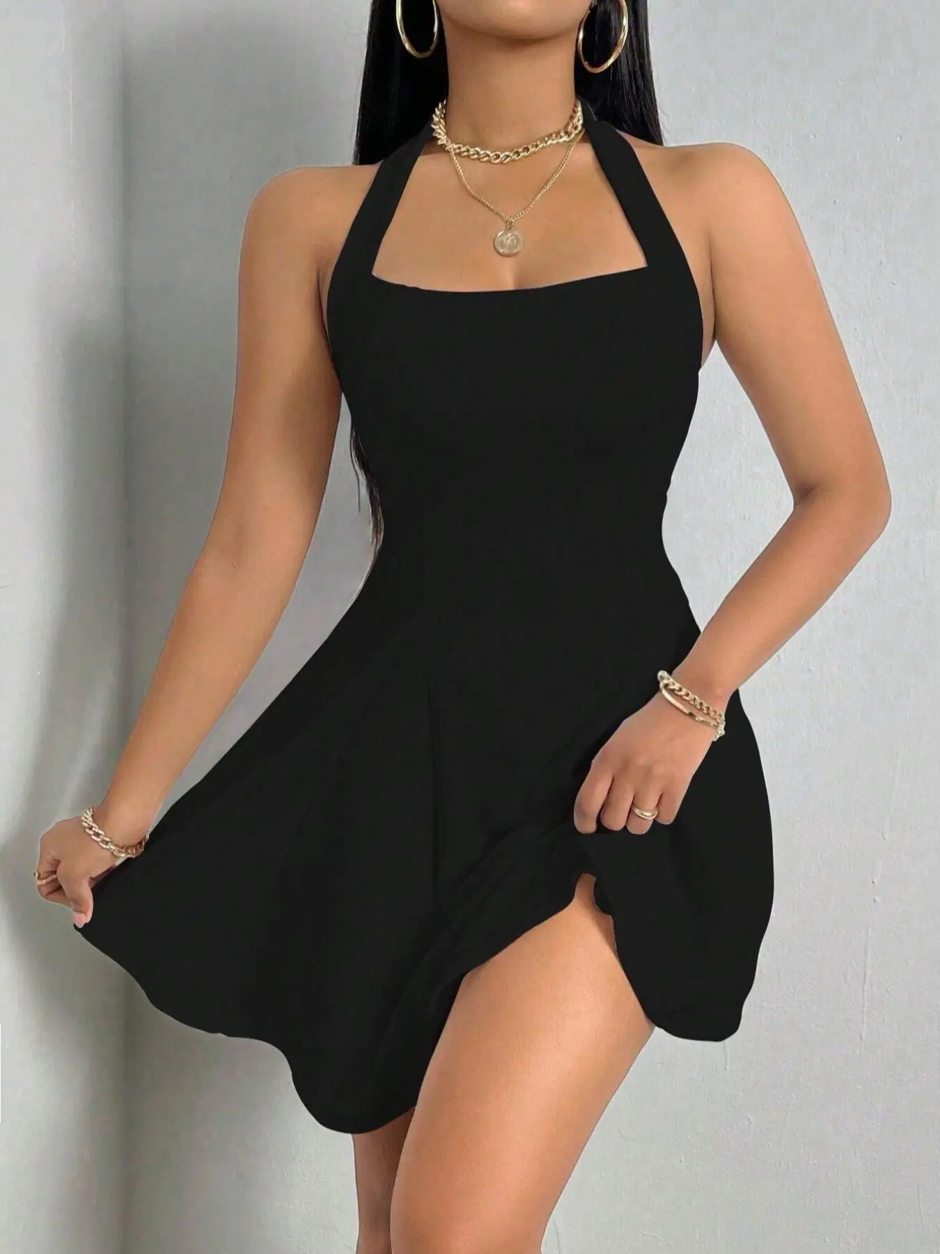 Women's Solid Color Sleeveless Halter Dress, Womenswear, Sexy Fashion Casual Short Dress for Party Evening Club Dating Wear, Ladies Dress for Summer