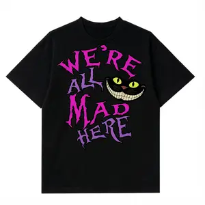 Y2K Grunge Aesthetic Tee Women Trippy Wonderland Shirt Were All Mad Here Cheshire Smile Graphic Top Emo Streetwear