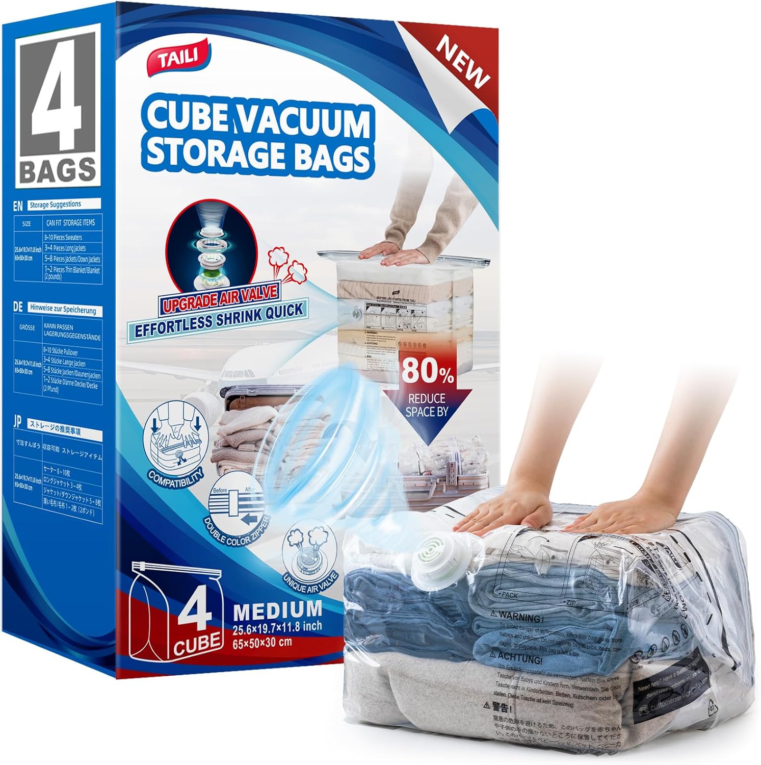 TAILI Pump-Free Travel Vacuum Storage Bags 4 Pack, Cube Medium Size (25x19x11 inch), Reusable Space Saver Compression Bags for Travel Suitcases and Luggage Organiser