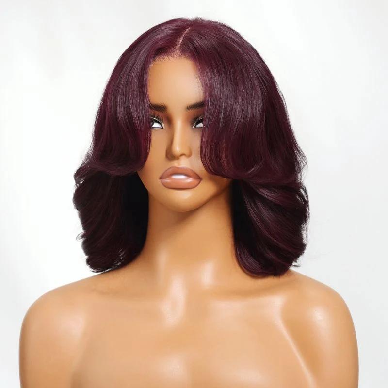 Sunber Black Cherry Short Bob 7x5 Pre Cut Blow Out Lace Wig With Face-Framing Curtain Bangs SpringStatements