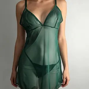 Tease & Ease Sheer Mesh Slip Dress Lingerie Set 2 Piece for Women Sexy Mini Nightdress with Thong Green Fabric outdoorfun