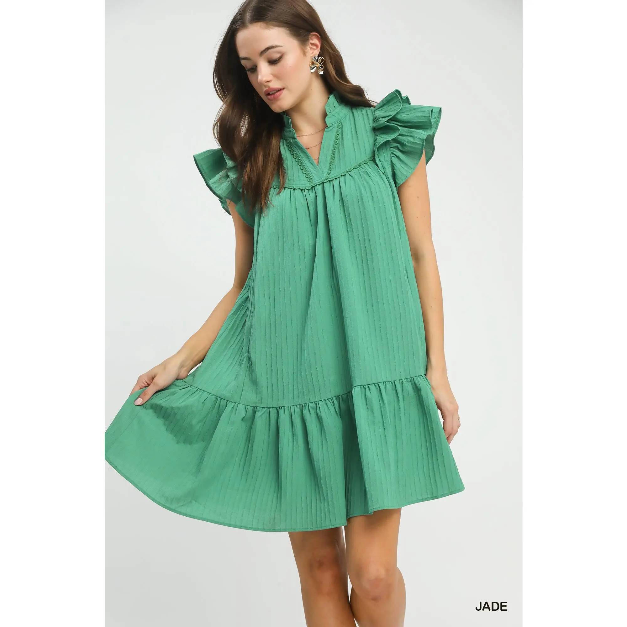 Women's Jade Green Textured Babydoll Mini Dress with Ruffle Sleeves, V-Neckline, and Tiered Hem Lightweight Flowy Casual Summer Dress