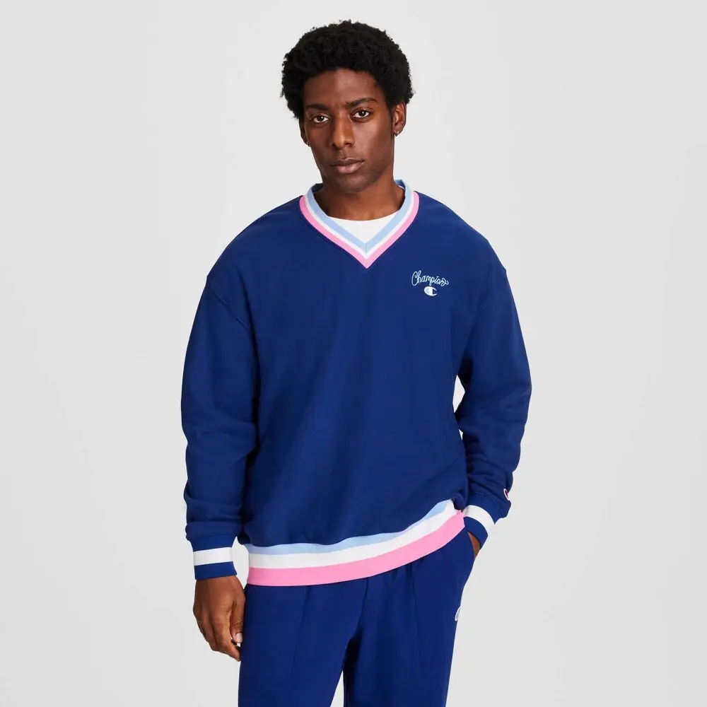 Champion Men's Club Sport Striped V-Neck French Terry Sweatshirt - Fleece Fabric Menswear Garment, Knit Top for Casual Wear