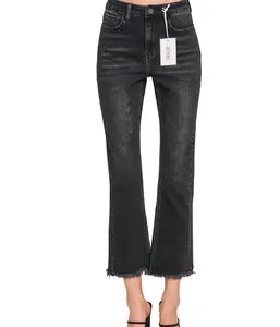 ZENANA HIGH RISE SUPER CUTE STRAIGHT RAW HEM CROPPED DENIM JEANS | Black | Charlotte's Classy Closet