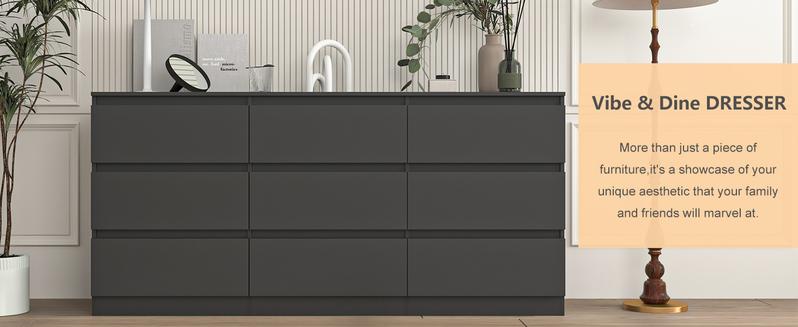 Spaco Modern Wide Black Dresser with 9 Drawers,Chest of Drawer Storage Cabinet for Clothes,Bedroom Storage Organizer Night Table for Bedroom,Closet