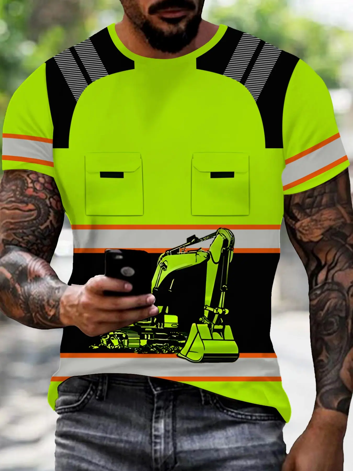 Excavator Safety Shirt Printed T-Shirt, Reflective Industrial Style Short Sleeve, Fashionable Comfort Design, Perfect for Daily Wear, Ideal Gift Choice