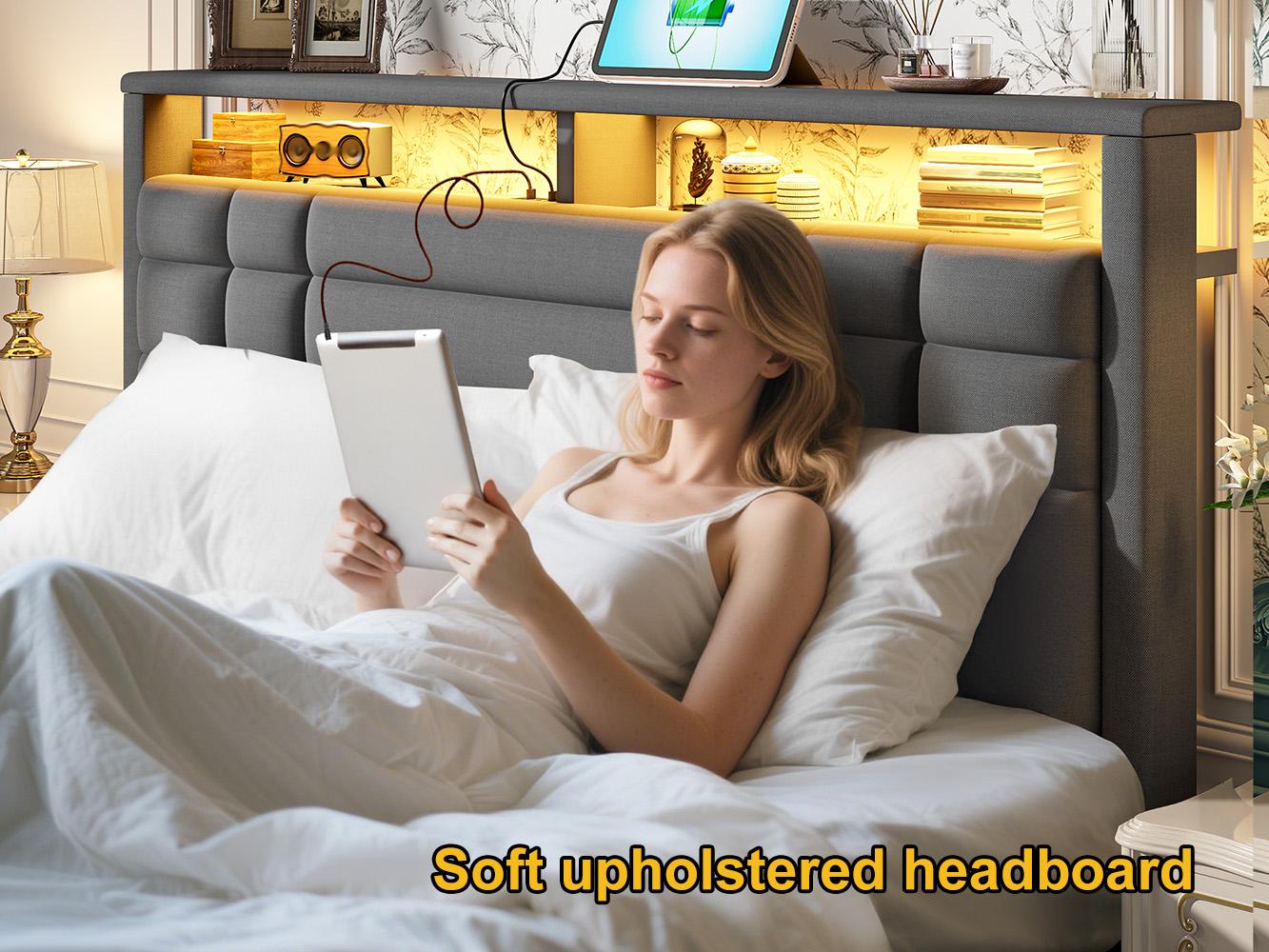 【Teen Size Bed】Raybee Luxury Bed Frames with Headboard & 2 Storage Shelves, Upholstered Bed Frame with LED & USB Ports for Full Queen King, Modern Bedroom Furniture, No Mattress, No Noise, Metal Slats Holds up to 880lbs[BlackFridayCyberMonday]