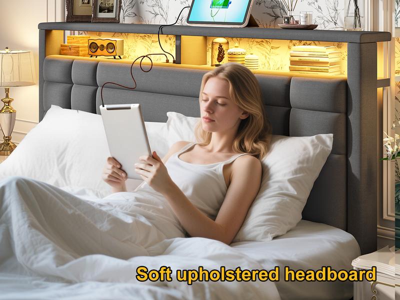 【Teen Size Bed】Raybee Luxury Bed Frames with Headboard & 2 Storage Shelves, Upholstered Bed Frame with LED & USB Ports for Full Queen King, Modern Bedroom Furniture, No Mattress, No Noise, Metal Slats Holds up to 880lbs[BlackFridayCyberMonday]