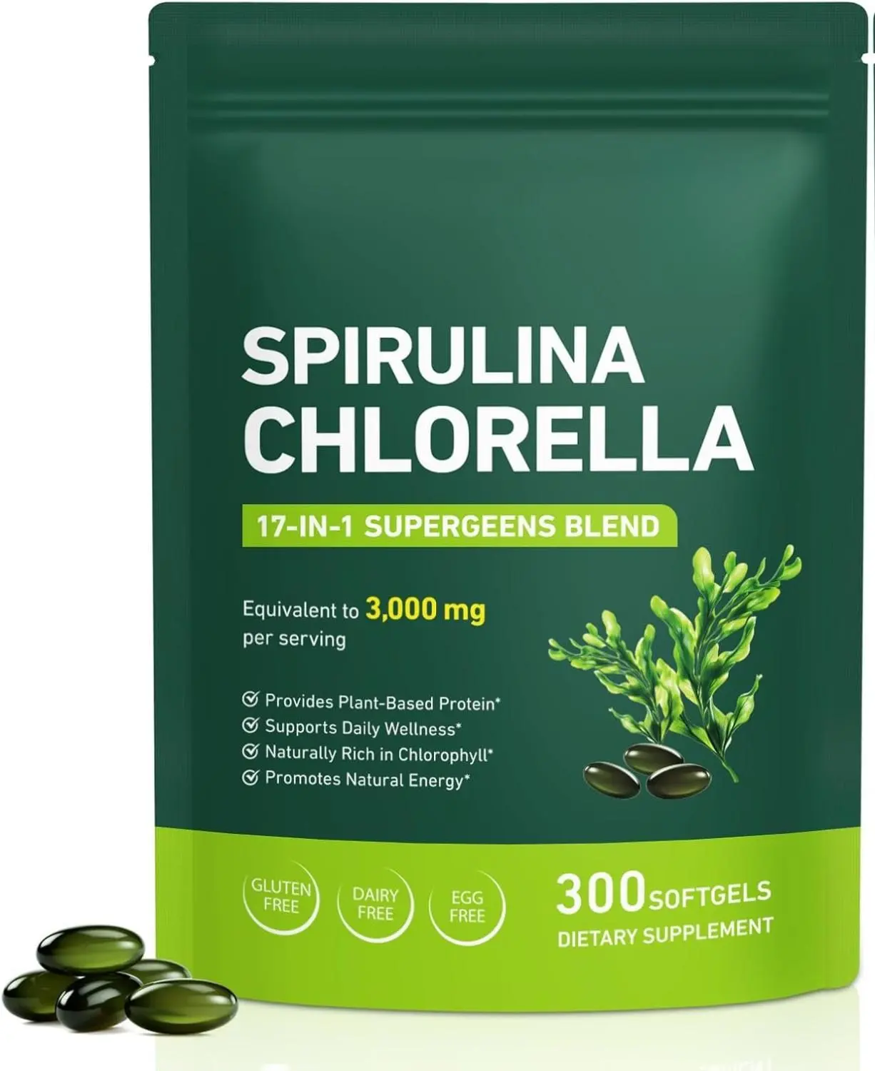 Spirulina Chlorella Softgels | Super Greens Blend with Barley Grass, Kale & Chlorophyll | Equivalent to 3,000 mg per Serving | Plant-Based Protein for Natural Energy & Daily Wellness | 300 Count