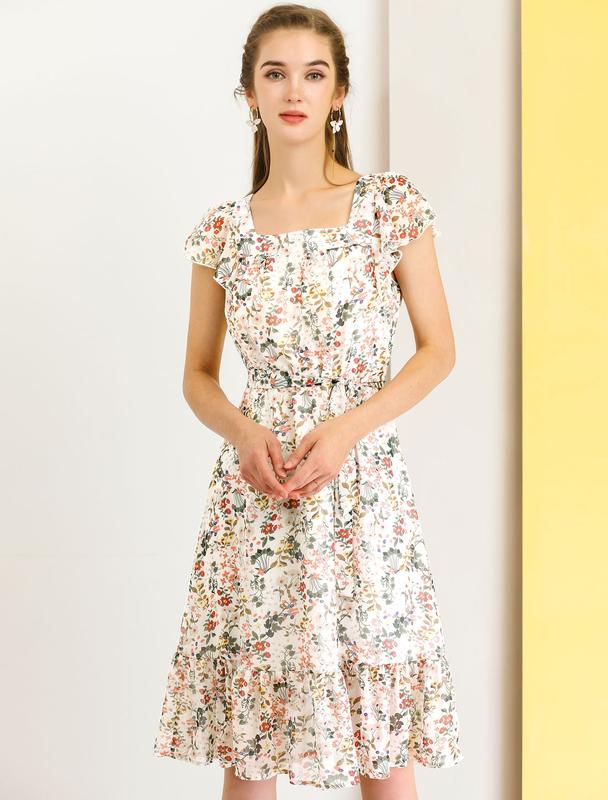 INSPIRE CHIC Floral Chiffon Flutter Sleeve Belted Square Neck Ruffled Hem Dress White