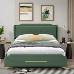 King Size Leather Bed frame with Wingback Headboard & Footboard, PU Upholstered Platform bed, Solid Wooden Slats Support, Easy Assembly