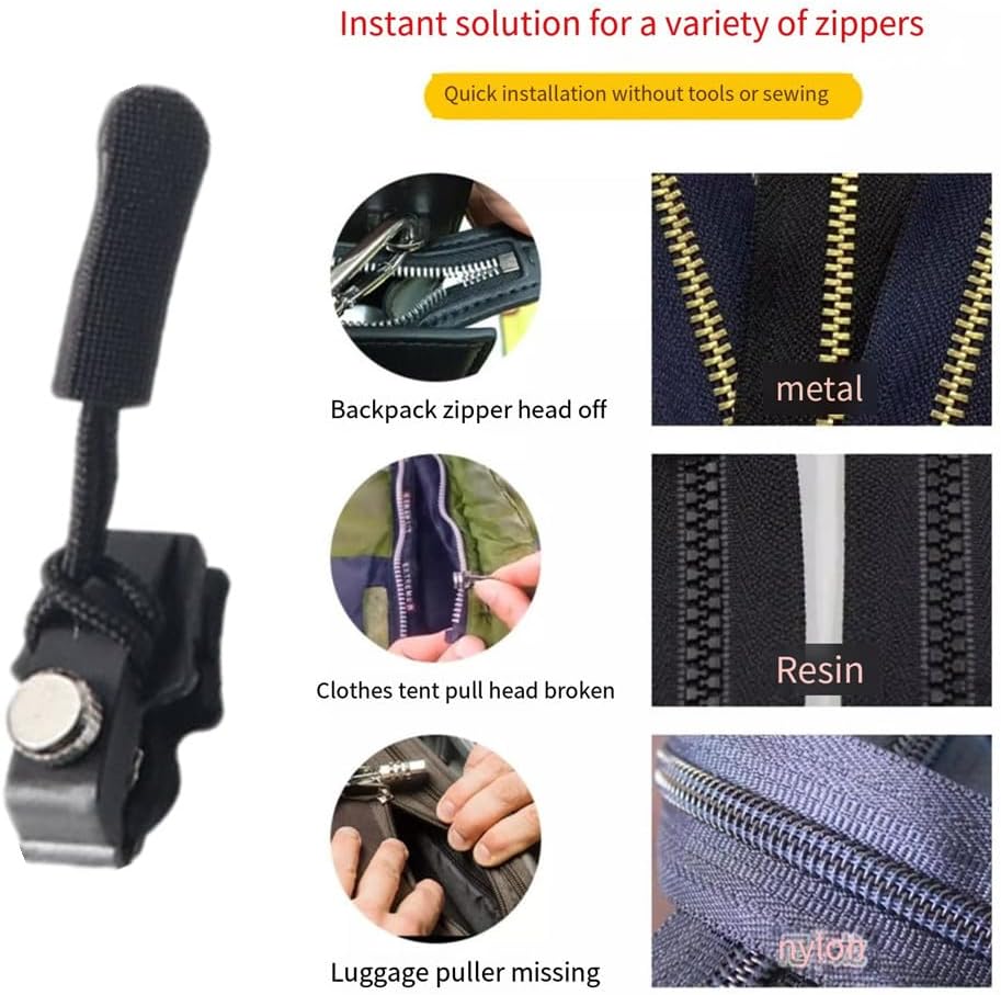 Zipper Repair Kit, 12pcs 3 Different Size Replacement Zipper Quick Install Detachable Pulls Zip Heads, No Sewing Required, for Jackets, Luggage, Bags
