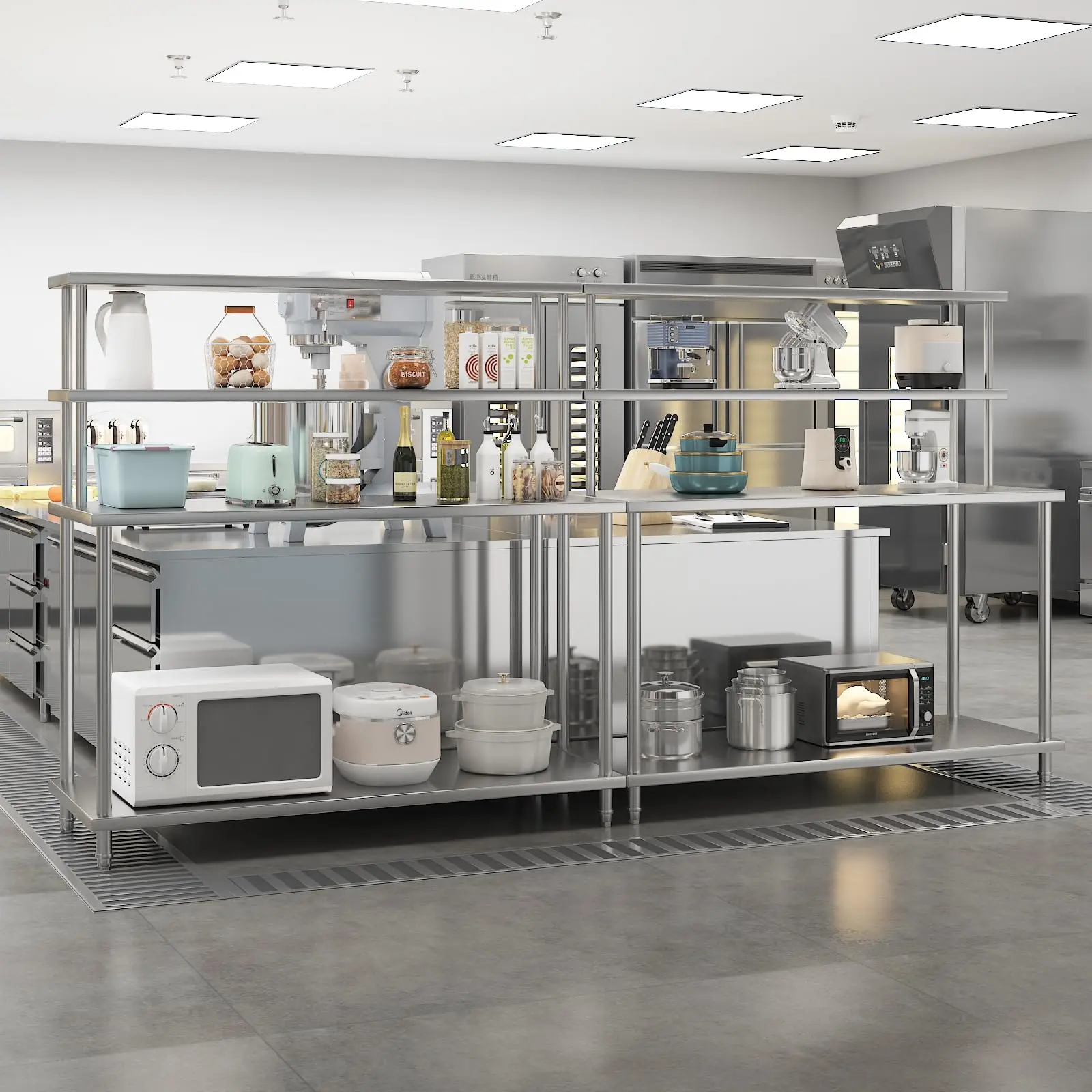 Garvee Heavy-Duty Stainless Steel Commercial Prep Table (60x24in Brushed Finish) - Overshelves, Adjustable Shelf, Detachable Hooks, Easy Install, 480lbs Top Shelf High Bearing Capacity for Restaurant Use