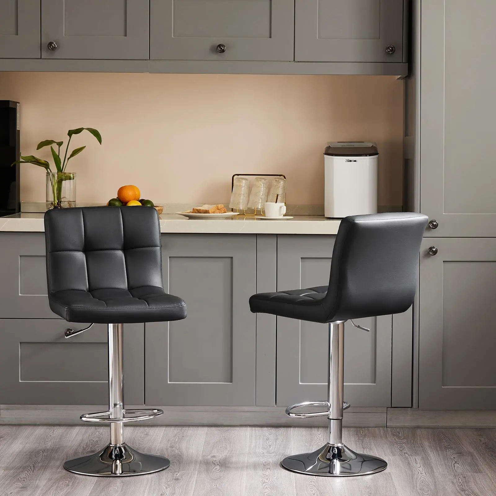 2-Piece Modern Black PU Leather Barstool Set - Ergonomic Armless Adjustable Height Swivel Chairs with Hydraulic Bar-Height Adjust, Rolling Casters, Ideal for Kitchen Indoor Use, Happy Hour at Home, Watch Party for Customers, Adjustable Height Chairs, Home