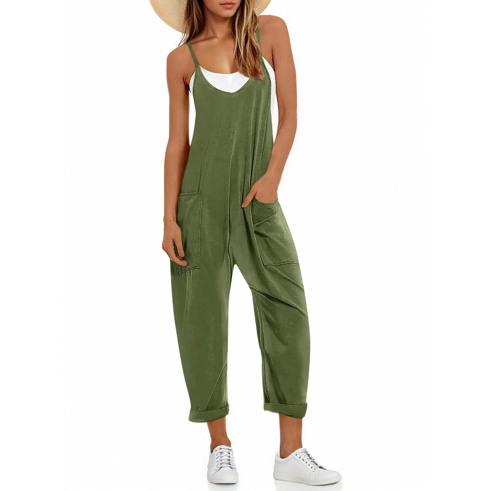 Cicy Bell Women's Summer Sleeveless Loose Casual V Neck Jumpsuits Spaghetti Strap Long Pants Baggy Overalls with Pockets