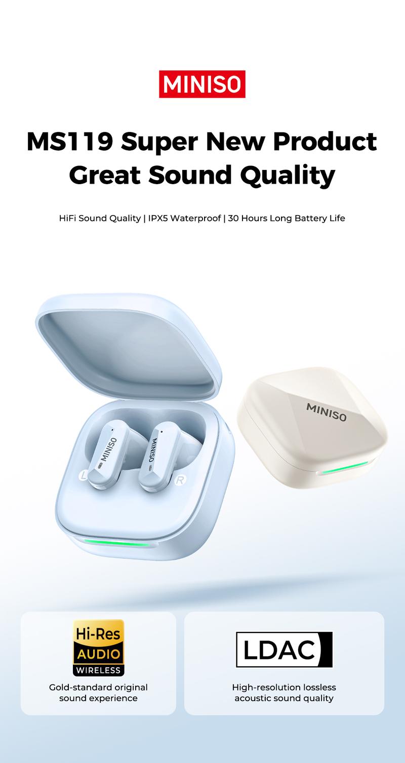 MINISO MS119 TWS True Wireless Earbuds Bluetooth Headphones, Bluetooth 6.0, 30H Long Playtime, IPX5 Water-Resistant, 2 Mics for Clear Calls, Deep Bass Sound Earphones