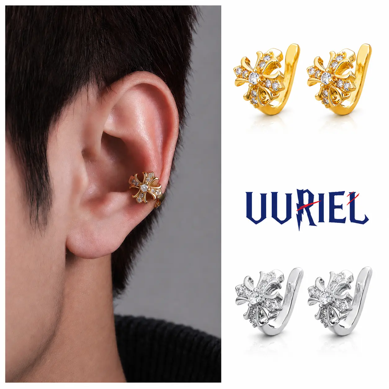UURiel Unisex 5A CZ Clip-On Earcuff Earrings - Adjustable, Waterproof, Hypoallergenic Earrings Jewelry for Daily Casual Wear, CZ Dainty, Artificial Zirconia, Fashionable Accessories, Synthetic Jewelry, Cz Dainty Earrings