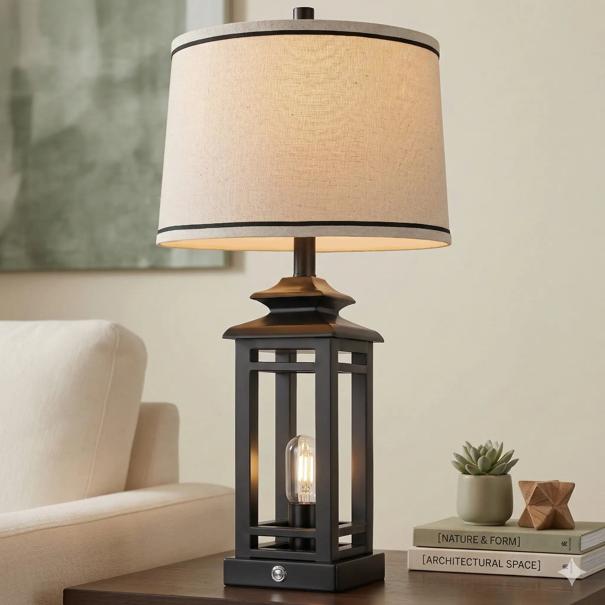 Black Metal Lantern Table Lamp with Dual Light Design, Farmhouse Bedside Lamp Beige Linen Drum Shade, Rustic Nightstand Lamp for Bedroom Living Room Entryway