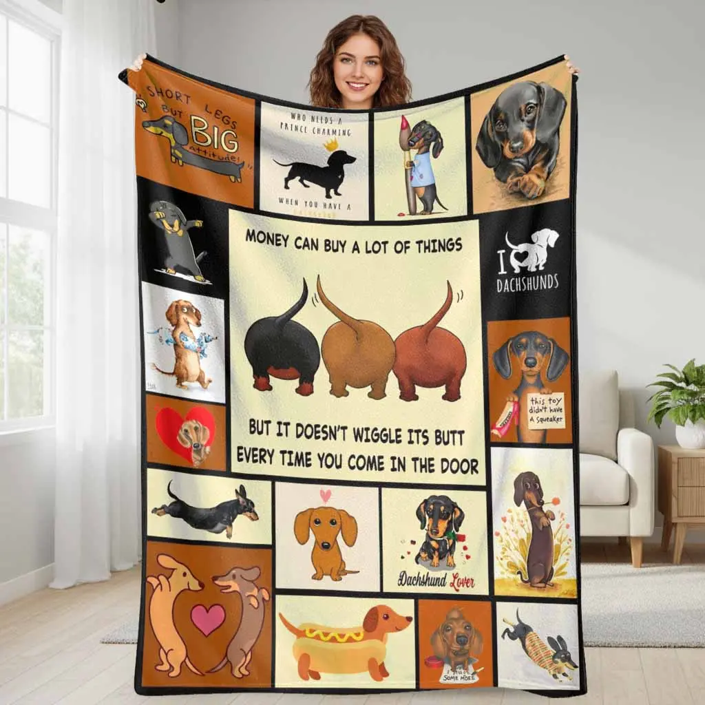 Antipiling Dachshund Cartoon Flannel Throw Blanket - Multi-Size, Cute Sausage Dog Art, Funny Quotes, Colorful Pattern, Wrinkle-Resistant, Breathable, Gentle Soft, Durable, Soft Throws, Camping Companion, Daily Office Life, Pet Lovers Gift Decor