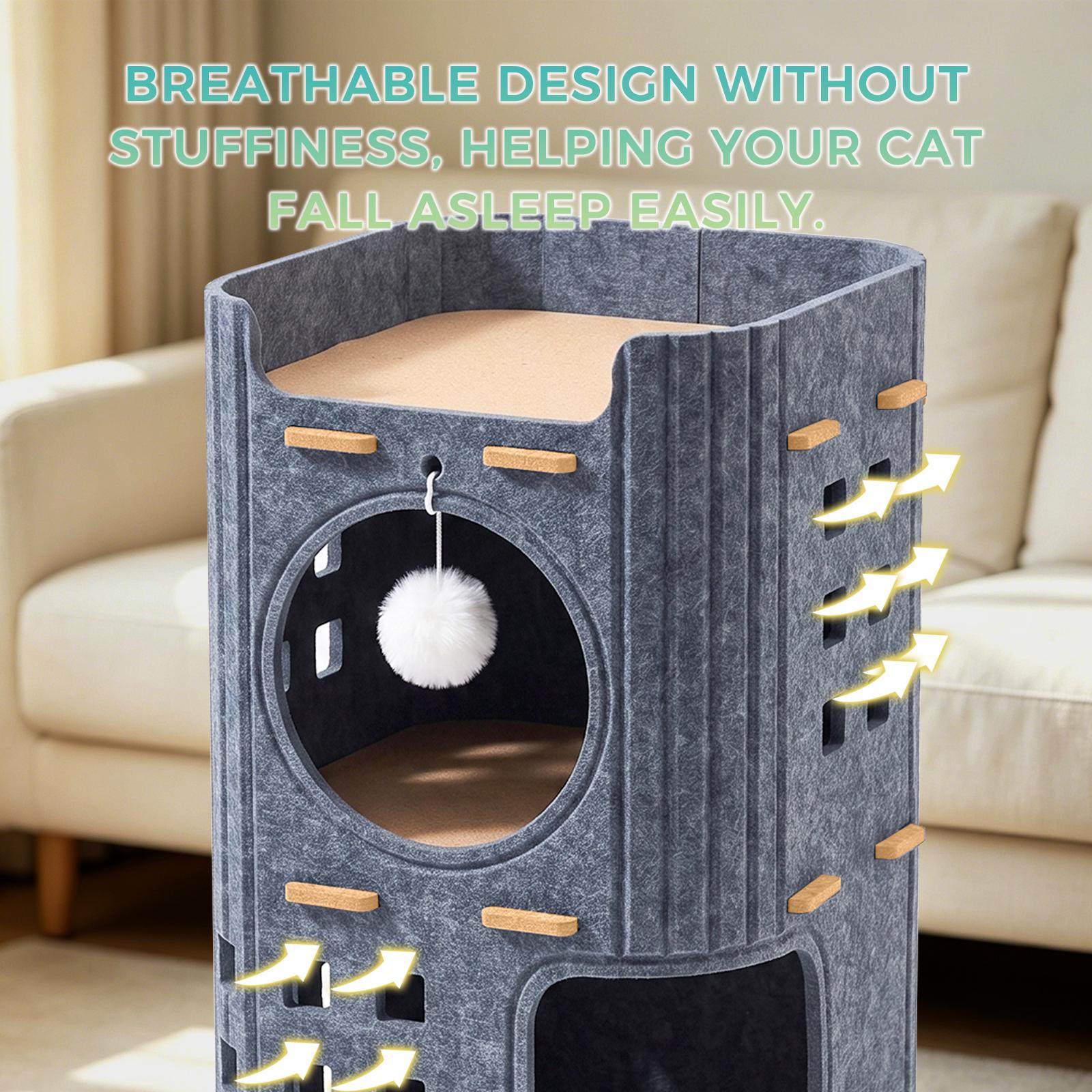 2-Tier Detachable Felt Cat Tower House Multi Level Cat Cave Condo with Hanging Pom-pom Toy Scratch Pad Base Breathable Hollow Window Design Indoor Large Space Cat Shelter for Kittens Adult Ca