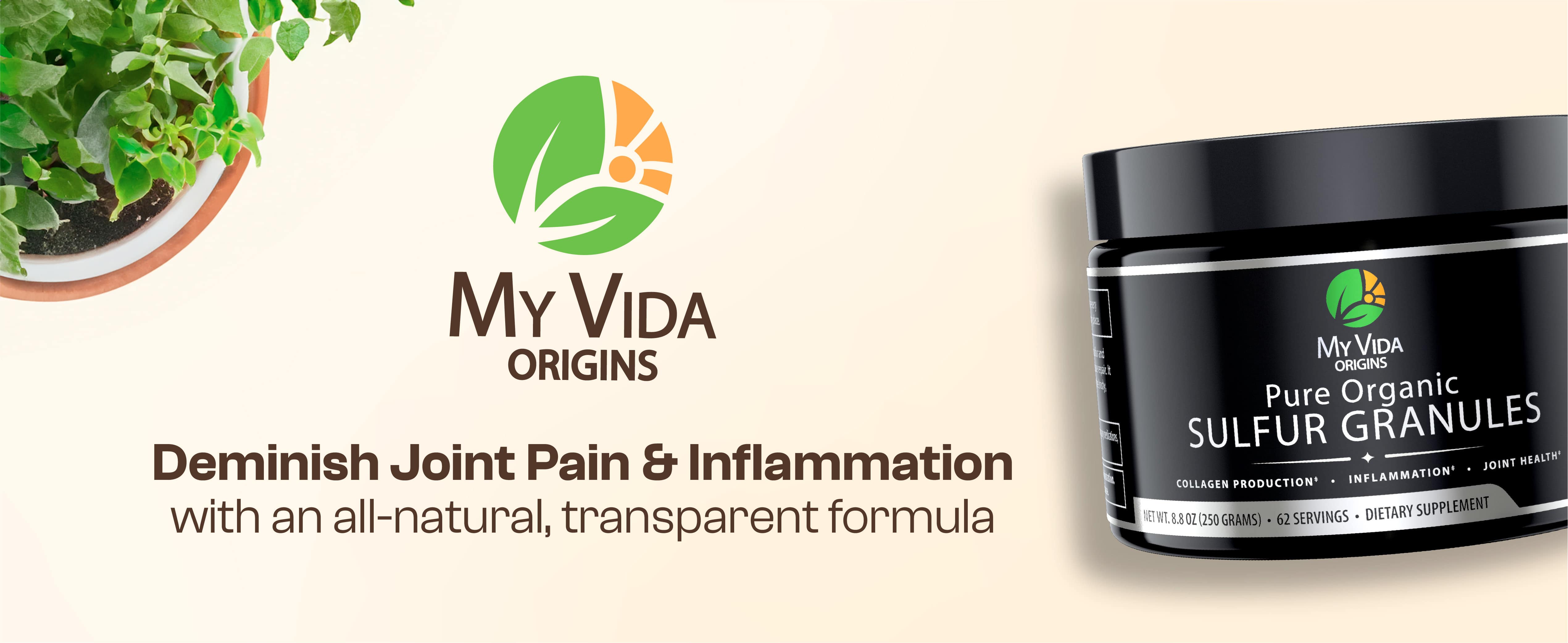 My Vida Origins Pure Organic Sulfur | 99% Pure MSM Granules for Joint Pain, Inflammation, Energy, Hair, Skin, and Nail Health | Non-GMO, Vegan, Gluten Free (62 Servings) 3-6 Month Supply