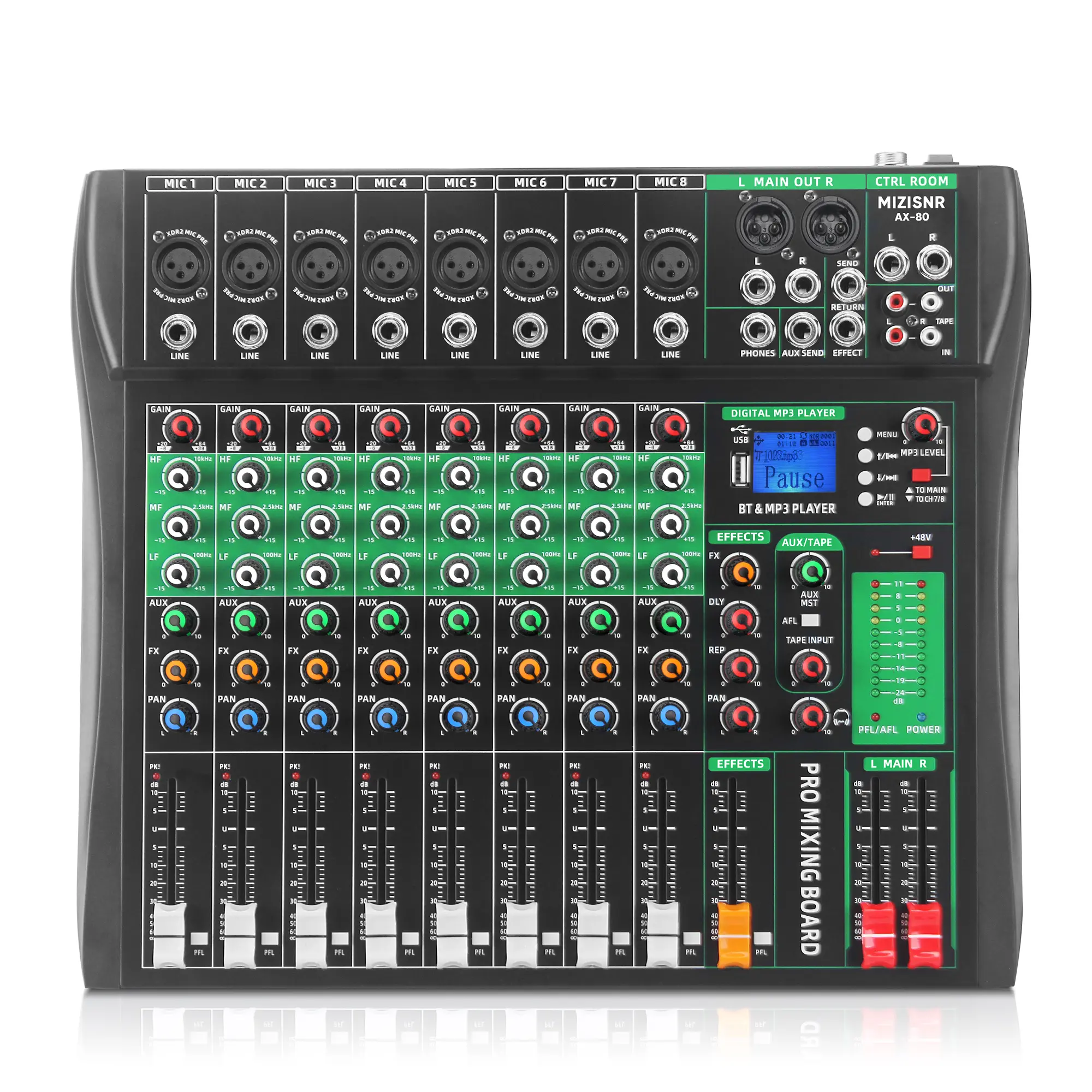 8 Channel Audio Mixer, Professional DJ Mixer Board Sound Music Mixing Console Digital Mixer with Reverb, Bluetooth, USB Port, 48V Phantom Power for Recording Karaoke Podcasting Streaming Smartphone
