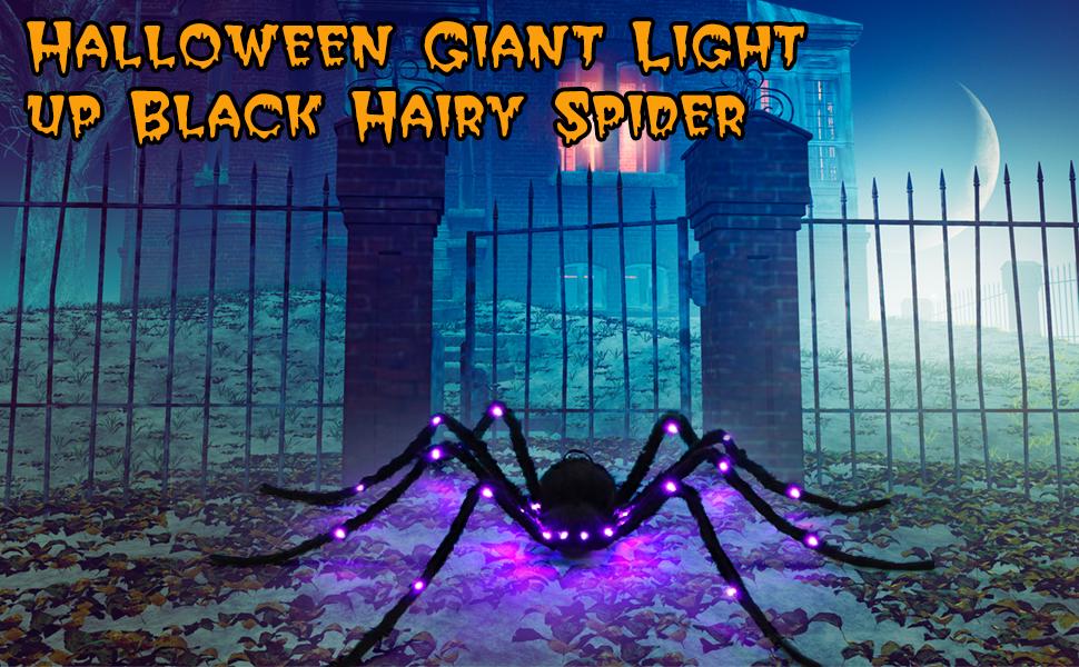 Halloween Spider Decorations 3.94 FT, Giant Light up Black Hairy Spider Decoration for Best Halloween Party Outdoor Indoor Yard Decoration  Spooky