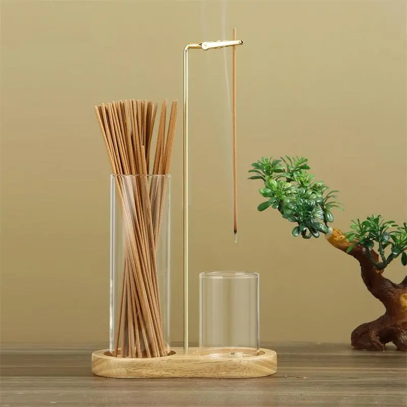 2 in 1 Incense & Candle Holder, 1 Count Wooden Base Aromatherapy Diffuser Incense Burner with Removable Glass Ash Collector, Woody Home Decor Ornament for Living Room Bedroom, Funny Gift, Scented, Aroma, Fragrance Perfume,dorm essentials,home essentials