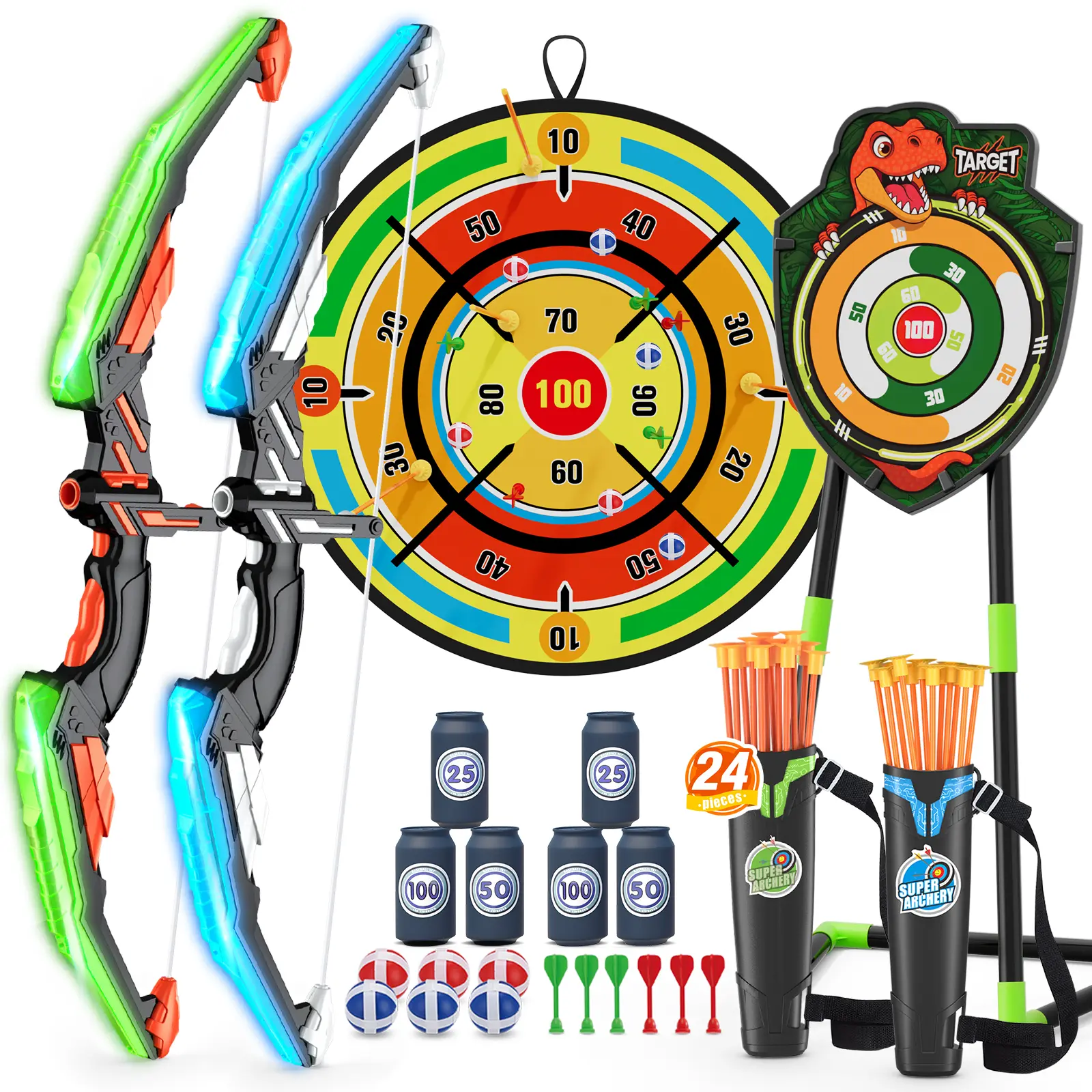 Kids 2-Pack Bow and Arrow Set - 29" Large Dart Board, LED Light-Up Archery Toy, 24 Vacuum Rubber Arrows, Detachable Height-Adjustable Target Setup, Score Targets, Indoor/Outdoor Birthday Gift for 3-12 Yr Olds (Requires AA), Boosts Motor Skills