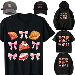 Strawberry Croissant Pink Bow Coquette Aesthetic Cottagecore T-Shirt，Casual Sleeve Crew Neck T-shirt, Fashion  Top for Daily Wear，Sweatshirt, Hoodie，Unisex，For children，Family set. Gift. pleasantly surprised