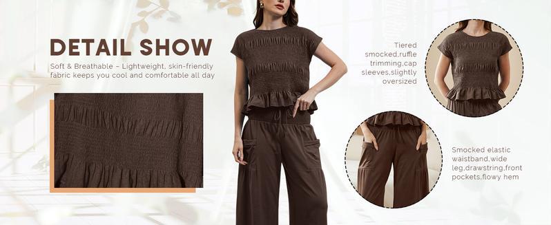 Naeduo Women's 2-Piece Smocked Top & Wide-Leg Pants Set - High-Waisted Lounge Outfit with Pockets Casual Boho Matching Set in Soft Breathable Fabric SpringStatements