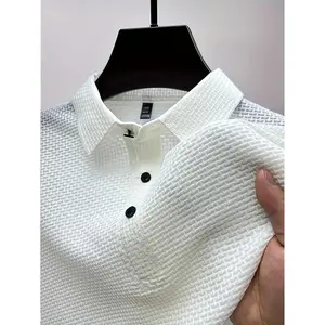 Men's plain color knitted jacquard polo shirt, summer regular fit casual short sleeve, breathable sweat-absorbing button-down polo, summer polo shirt, men's T-shirt, back to school men's clothing, men's apparel.
