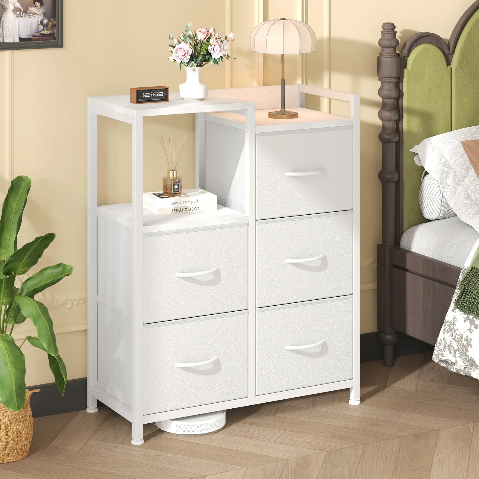 Sweetcrispy 5-Drawer Fabric Dresser with 2-Tier Shelf - Sideboard Cabinet, Clothes Storage Cabinet, Storage Organizer, for Bedroom, White (5-Drawer Capacity for Hallway), Modern Dresser, Furniture Dresser