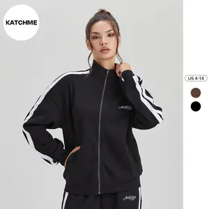 KatchMe Women's Sporty Mock Neck Contrast Stripe Zipper Sweatshirt, Comfort Letter Print Side Pocket Long Sleeve Top, Basic Lightweight Womenswear