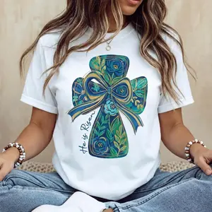 Cotton Casual Round Neck Short Sleeve Summer T Shirt Featuring Vibrant Cross and Bow Design with He Is Risen Print Ideal for Easter Sunday Church and Family Events Machine Washable