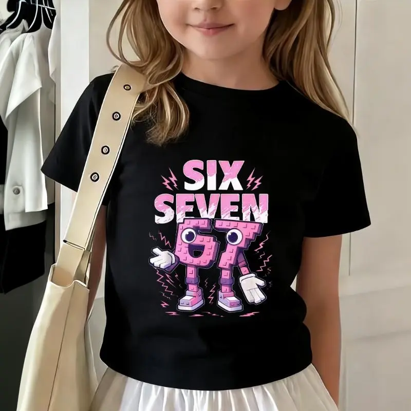 Girls' Summer Short-Sleeve Graphic Tee - Cute Cotton Tee with '67' Number, Round Neck for Easy Wear, Soft Cotton for All-Day Ease, Cartoon 67 with Eyes & Arms, Lightning Bolt Print, Machine-Washable Casual Blouse for Playdates