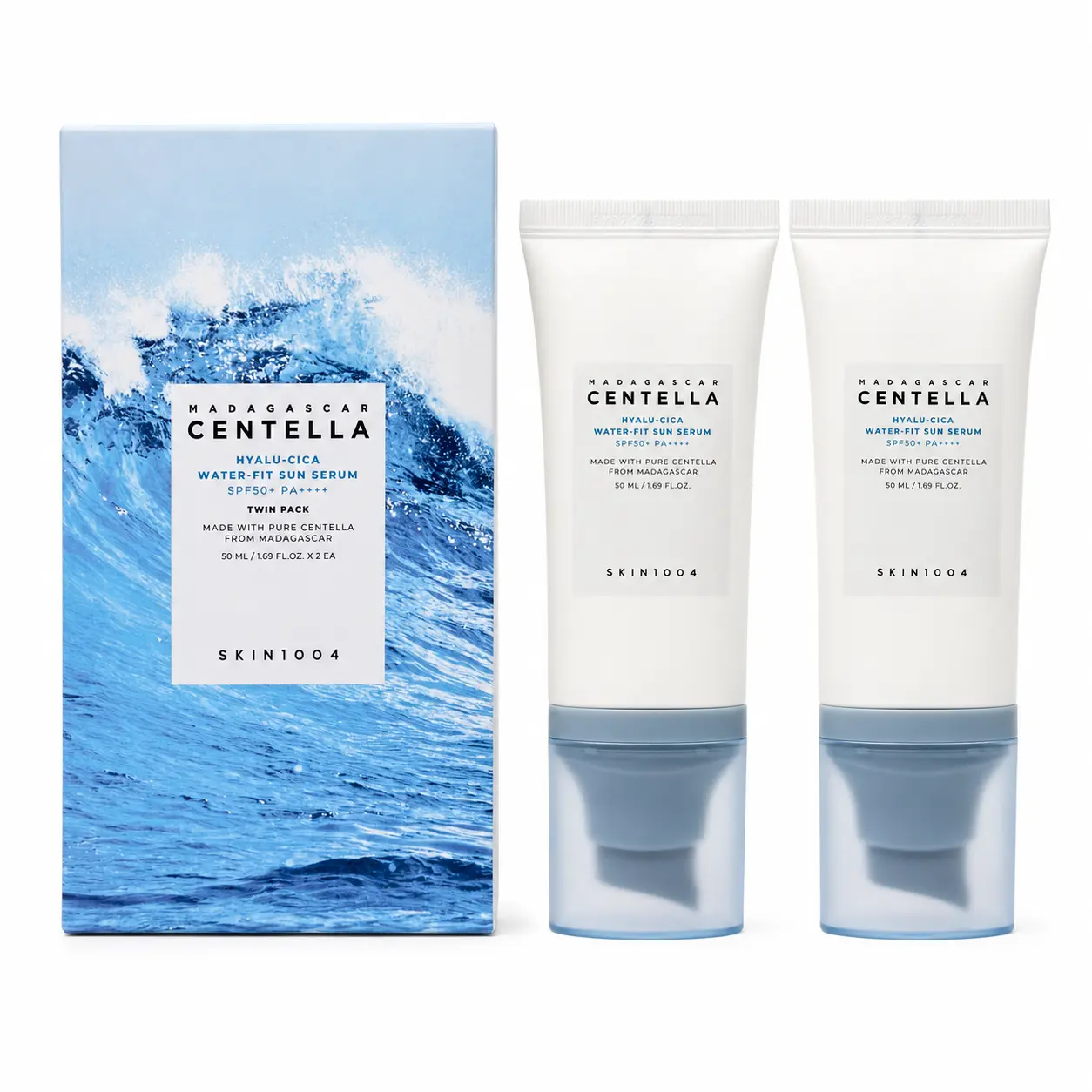 SKIN1OO4 Madagascar Centella Hyalu-Cica Water-Fit SunSerum Twin Pack - SPF50+ PA++++, Hydrating & Soothing, Lightweight Serum for Sensitive Skin, 2 x 50ml