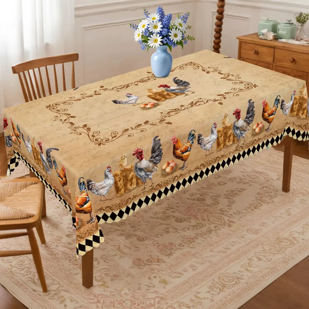 PLUMLIK Farmhouse Embossed Polyester Tablecloth - Home Supplies with Vintage Animal Prints, Rectangle/Round Covers for Indoor Outdoor Patio, Sun Protection, French Country Children's Day Use