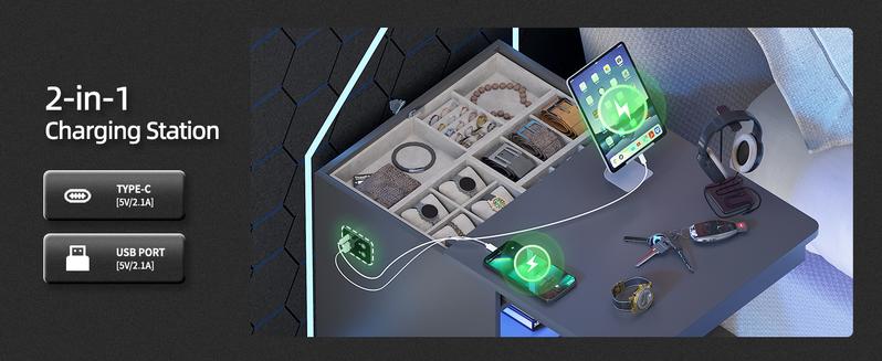 MIU Nightstand  Gun & jewelry With Sliding Top Charging Station And LED Lights Furniture Bedroom Modern Design Bedside Table Drawer Home