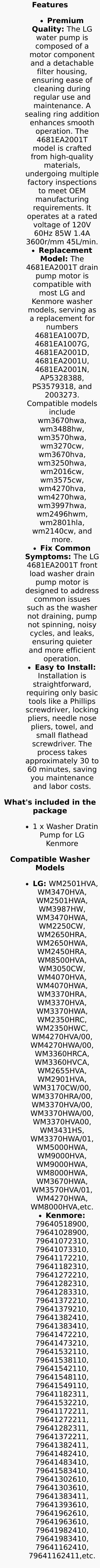 New Replacement Washer Drain Pump For LG Kenmore 4681EA2001T AP5328388 PS3579318