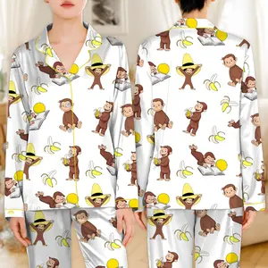 Women's Monkey Banana Print Pajama Set , Cute Monkey & Banana All-Over Print Lapel Collar Button-Front Shirt & Elastic Waist Pants, All-Season Sleepwear, Pajamas for -Like s, Themed Costume Party Outfit