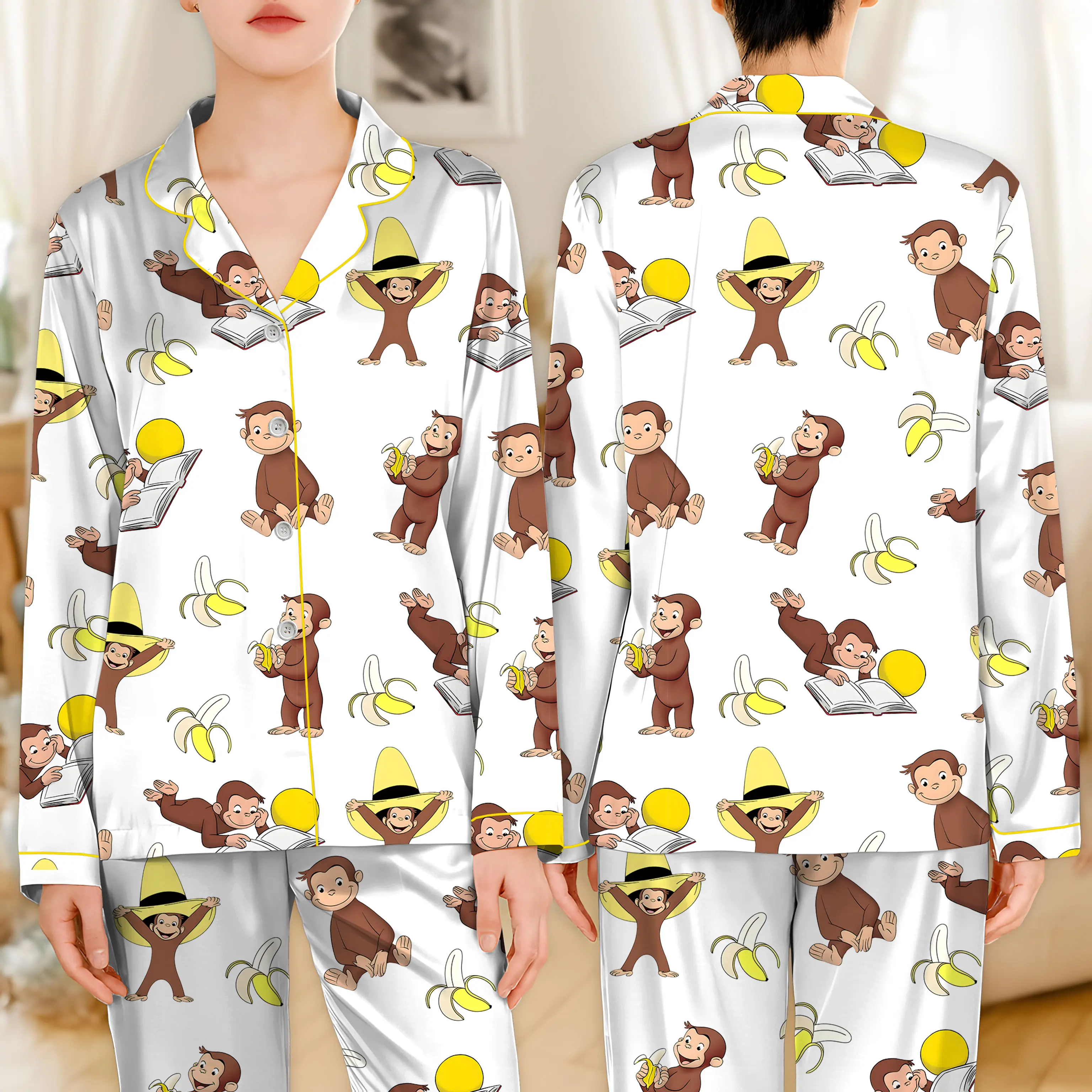Women's Monkey Banana Print Pajama Set , Cute Monkey & Banana All-Over Print Lapel Collar Button-Front Shirt & Elastic Waist Pants, All-Season Sleepwear, Pajamas for -Like s, Themed Costume Party Outfit