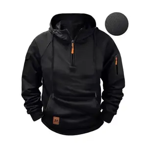 Men's Navy Blue Hooded Sweatshirt with Zip-Up Henley Collar and Kangaroo Pocket - Casual Long Sleeve, Ideal for Fall/Winter Outdoor Activities, Black