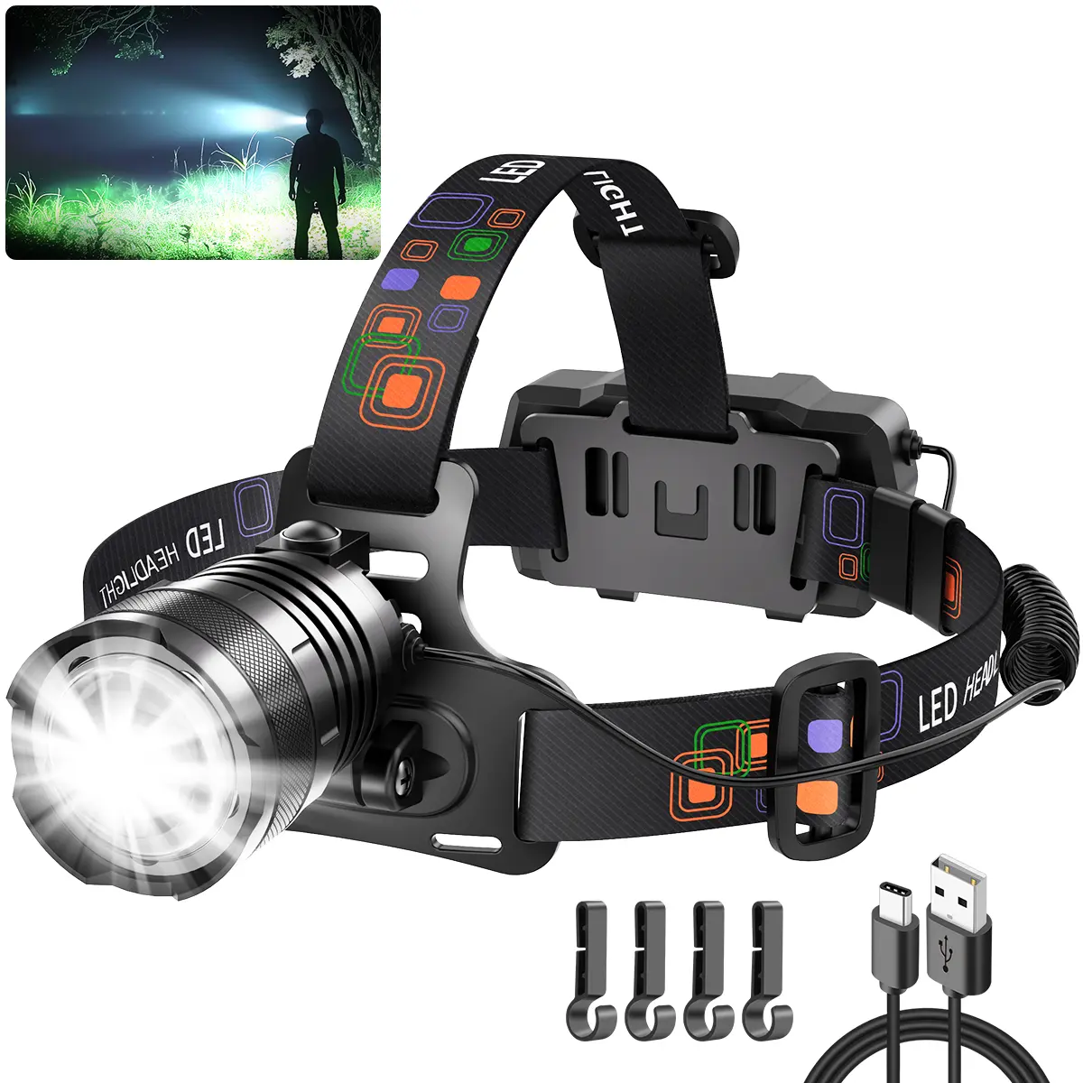 Rechargeable Headlamp, High Lumens Super Bright Headlamp, Adjustable Focus LED Headlamp, 90° Headlamp, 4 Modes Headlamp, Essential Equipment for Adult Helmet Camping summergarden