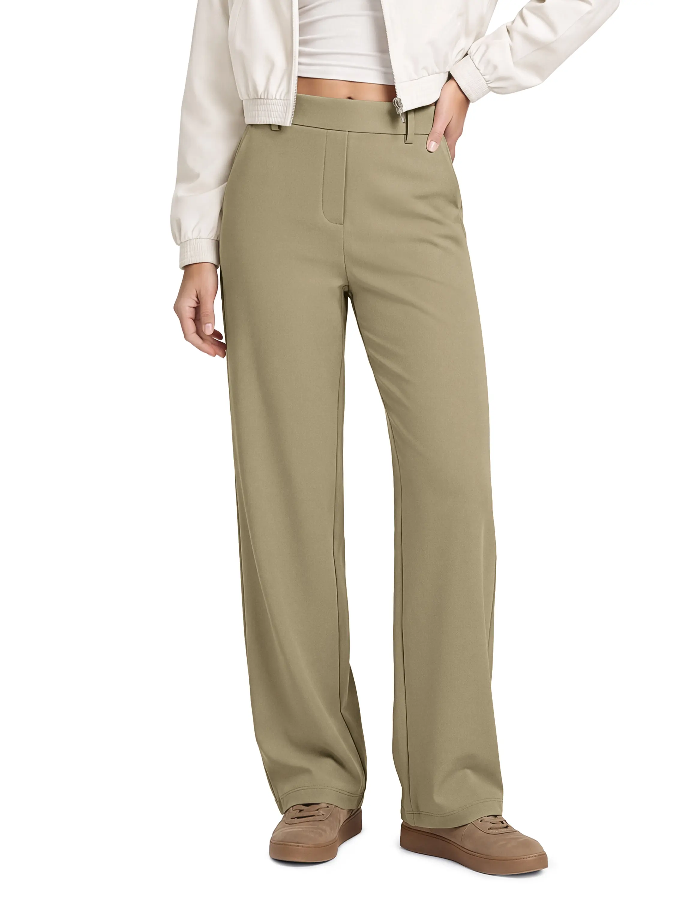 ODODOS Women's High-Rise Stretchy Business Casual Trousers - Comfy Elastic Waist Bottoms, Tailored Stretch Work Pants, Side & Back Welt Pockets, Adjustable Inner Drawcord, Faux-Fly, 29" Inseam Modern Elegance Pants