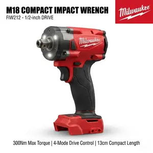 Milwaukee M18 FIW212 Impact Wrench: 300 Nm torque, 1/2-inch square head. 4-speed adjustable (maximum speed 2400 rpm). Ultra-compact 13 cm body, suitable for engine repair and working in confined spaces.repair tool multitool truck tire cordless