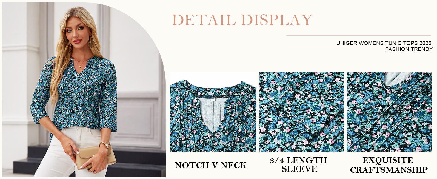 Womens 3/4 Sleeve Tops Business Casual Blouses V Neck Pleated Shirts Peasant Tunic Tops Dressy Casual Work Outfits Vneck Basic Womenswear