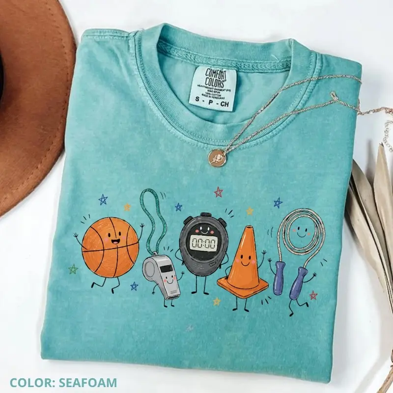 Comfort Colors PE Teacher Doodle Shirt, Physical Education Tee, Cute Coach Whistle Shirt, Basketball PE Shirt, First Day of School Tee, Gym Teacher Gift