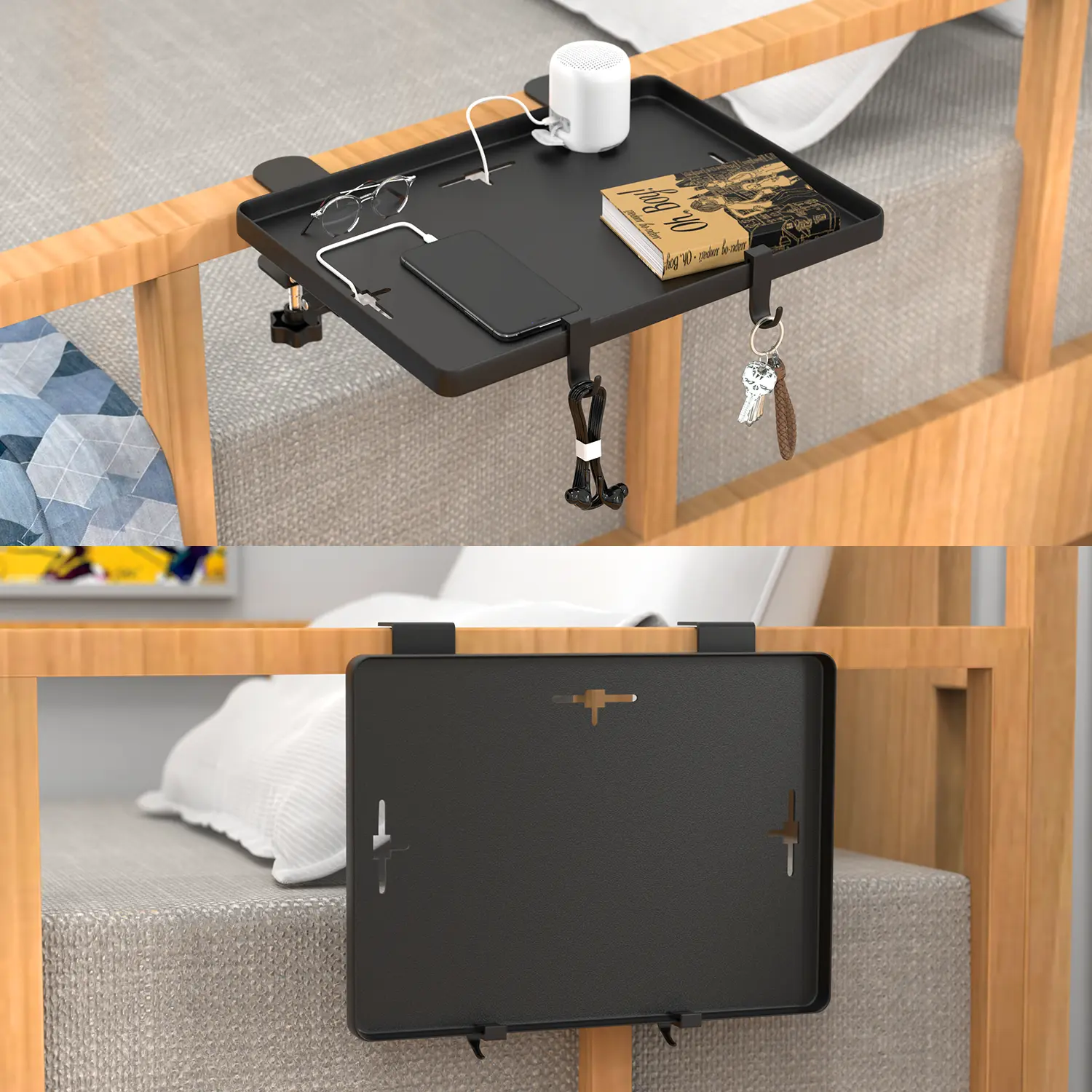 Foldable Bedside Table Shelf, Heavy-Duty Carbon Steel Clip-On Nightstand with Cord Holes & Hooks, 35 lbs Capacity, Space-Saving for Bunk Bed & Dorm